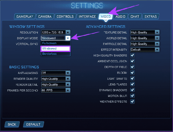 izvēlieties video un pēc tam izvēlieties Windowed in Rocket League