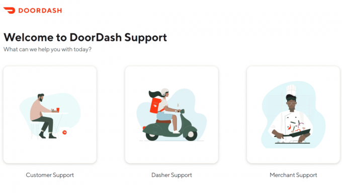 Stránka podpory DoorDash