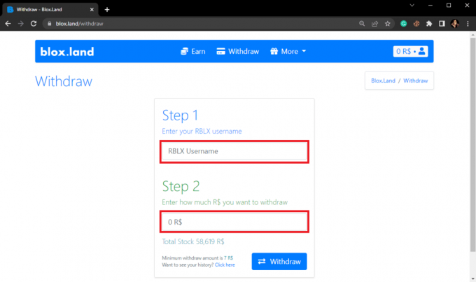 Pe pagina Retragere, introduceți numele de utilizator Roblox la Pasul 1 și introduceți suma Robux la Pasul 2