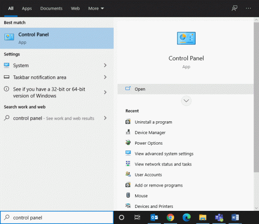Wpisz Panel sterowania w polu wyszukiwania systemu Windows 10 i wybierz najlepiej dopasowany.
