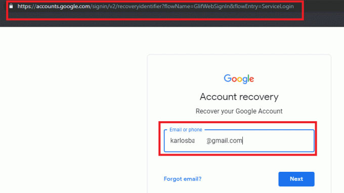 ไปที่ " ศูนย์กู้คืนบัญชี Gmail" จากนั้นให้ระบุที่อยู่ Gmail ของคุณและคลิกถัดไป