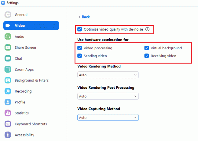 Deretter kontrollerer du følgende alternativer. Optimaliser videokvalitet med støy. Bruk maskinvareakselerasjon for videobehandling Bruk maskinvareakselerasjon for å sende video Bruk maskinvareakselerasjon for å motta video. Fix Zoom kan ikke oppdage et kamera