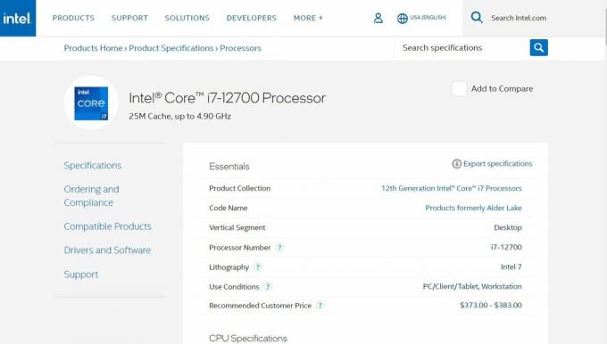 Pagina cu specificațiile procesorului Intel Core i7-12700