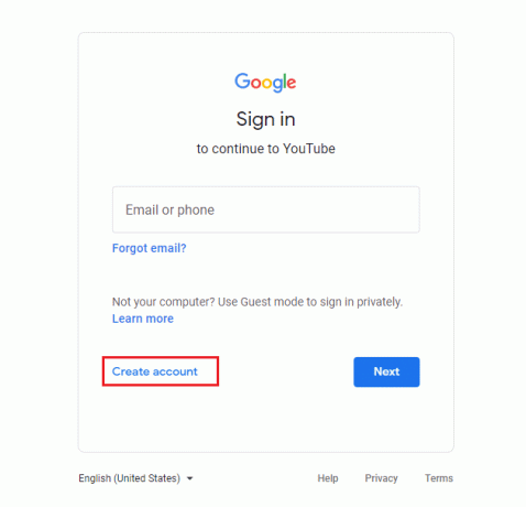 Faceți clic pe opțiunea Creare cont | Cum să-ți faci un cont YouTube fără Gmail