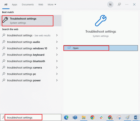 Navegue até o menu de pesquisa e digite configurações de solução de problemas na barra de pesquisa