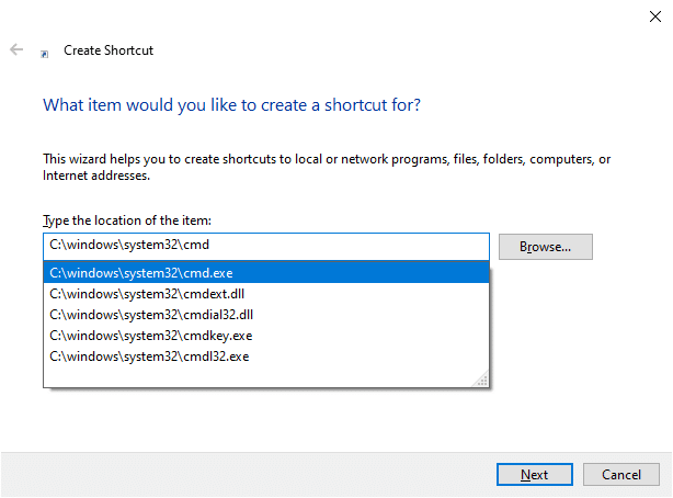 Choisissez C:\windows\system32\cmd.exe dans le menu déroulant. L'invite de commande du correctif apparaît puis disparaît sous Windows 10