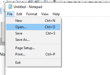 메모장 메뉴에서 파일 옵션을 선택한 다음 '열기'를 클릭합니다.