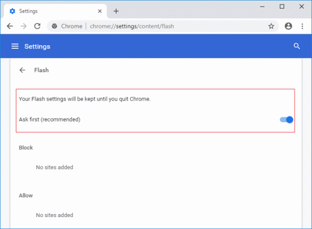 Увімкніть перемикач Дозволити сайтам запускати Flash у Chrome