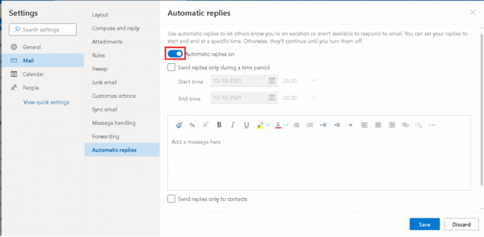 Ieslēdziet slēdzi Automātiskās atbildes. Kā iestatīt ārpus biroja komandās