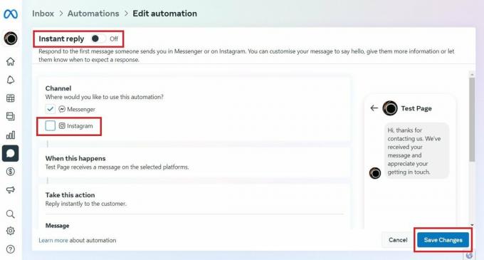 Подесите прекидач Инстант репли на Искључено, а затим уклоните ознаку са Инстаграм поља за потврду - кликните на Сачувај промене | Како искључити аутоматски одговор на Инстаграму