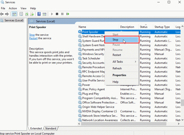 คลิกที่หยุดเพื่อหยุดบริการ แก้ไขปัญหาการติดตั้งเครื่องพิมพ์ใน Windows 10