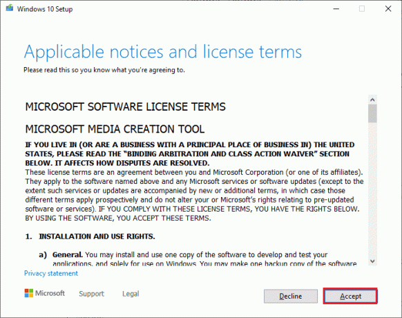 Klicken Sie im Windows 10-Setup-Fenster auf die Schaltfläche Akzeptieren. Fix Wir konnten keine Verbindung zum Update-Dienst in Windows 10 herstellen