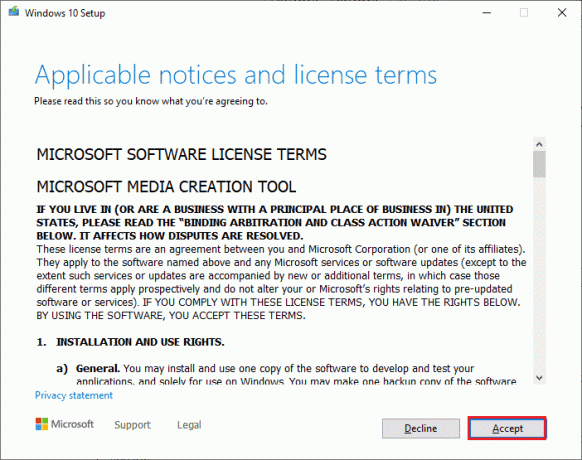 faceți clic pe butonul Accept în fereastra de configurare Windows 10. Remediați că nu ne-am putut conecta la serviciul de actualizare în Windows 10