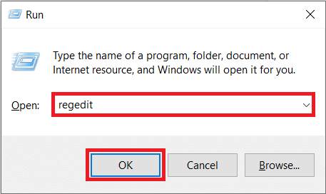 พิมพ์ regedit ในกล่องคำสั่ง Run และคลิก OK วิธีแก้ไขบริการเสียงไม่ทำงาน Windows 10