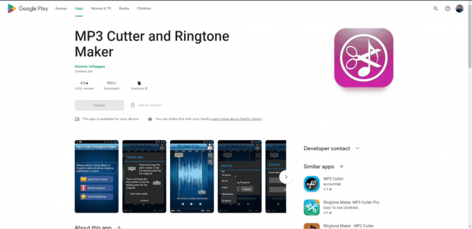 Webbsida för MP3 Cutter and Ringtone Maker Play Store. Bästa gratis ljudredigeringsappar för Android