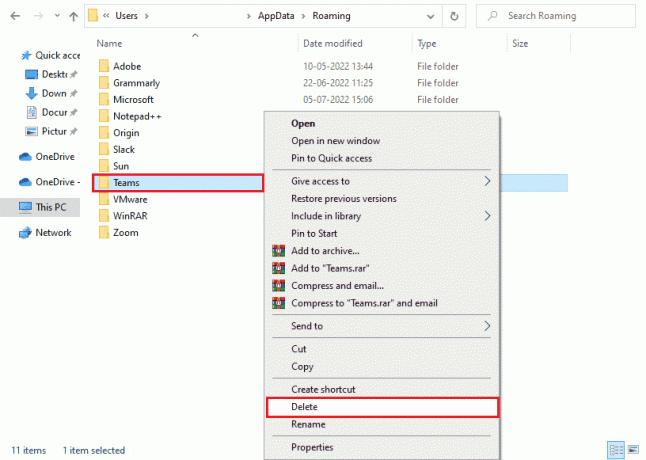 haga clic derecho en la carpeta Teams y haga clic en la opción Eliminar