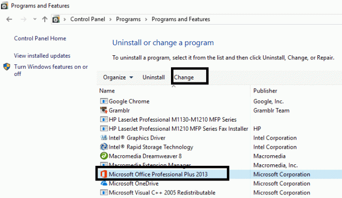 Microsoft Office를 선택하고 변경 옵션을 클릭하십시오.