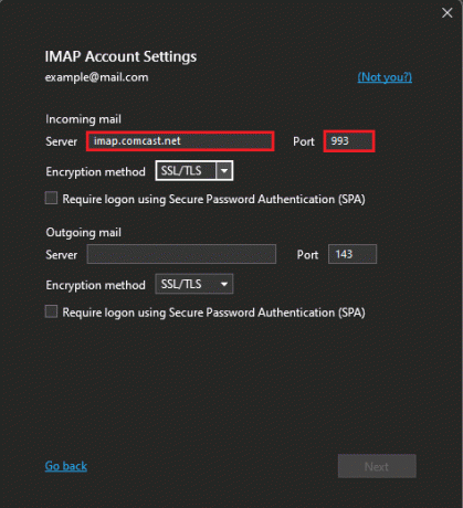 zmień nazwę serwera IMAP i numer portu