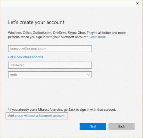 Vælg Tilføj en bruger uden en Microsoft-konto. 8 rettelser til Enter-tasten virker ikke på Windows 10