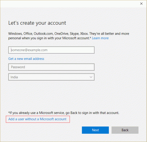 Microsoft खाते के बिना उपयोगकर्ता जोड़ें चुनें। विंडोज 10 पर काम नहीं करने वाली एंटर की के लिए 8 फिक्स