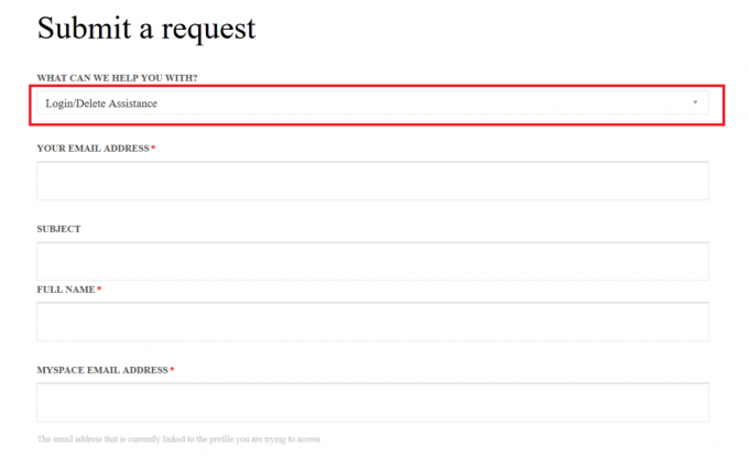 Επιλέξτε την επιλογή Login Delete Assistance στο πρώτο αναπτυσσόμενο πεδίο ερώτησης | Πώς να αποκτήσετε πρόσβαση στον παλιό λογαριασμό Myspace χωρίς email και κωδικό πρόσβασης