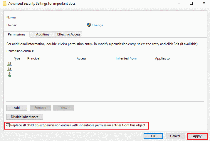 Κάντε κλικ στο Apply από το κάτω μέρος του παραθύρου για να αποθηκεύσετε τις νέες αλλαγές | Διορθώστε το σφάλμα Failed to Enumerate Objects in Container στα Windows 10