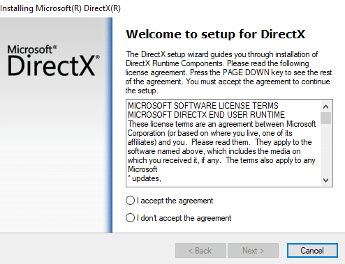 Dialogrutan Välkommen till installationen för DirectX öppnas