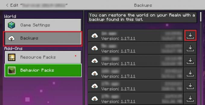 Wählen Sie die Option „Backups“ – klicken Sie auf das Download-Symbol neben dem neuesten Backup