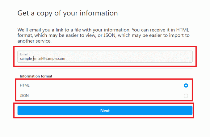 Unesite svoju e-mail adresu i odaberite želite li HTML ili JSON format datoteke. Pritisnite Dalje