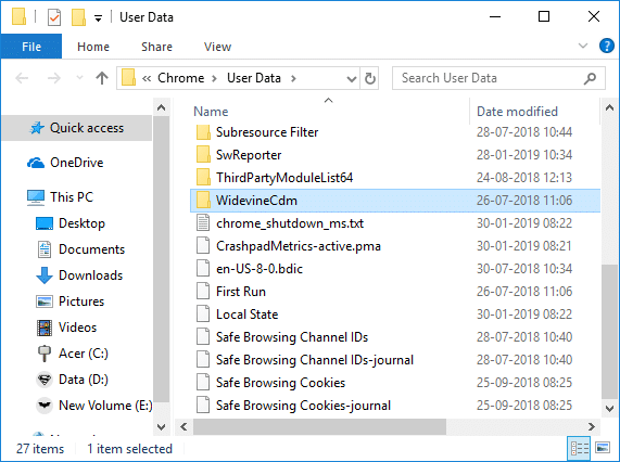 Wybierz folder WidewineCdm, a następnie naciśnij Shift + Del, aby trwale usunąć ten folder