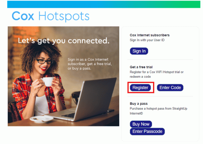 Åpne nettstedet til Cox-tilgangsportalen og klikk på Registrer-knappen i delen Få en gratis prøveversjon
