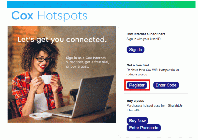 Nyissa meg a Cox hozzáférési portál webhelyét, és kattintson a Regisztráció gombra az Ingyenes próbaverzió beszerzése részben