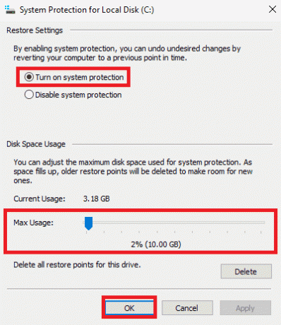 Napauta OK, kun olet valinnut Ota järjestelmän suojaus käyttöön ja asettanut levyn enimmäiskäytön | Windows 11 -järjestelmän palautus käynnistyksestä
