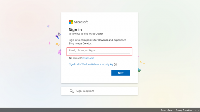 Inserisci le credenziali del tuo account Microsoft per accedere a Bing Image Creator