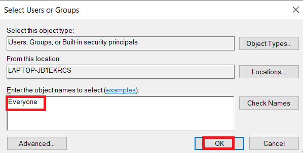 შეიყვანეთ ობიექტების სახელები, რომ აირჩიოთ, ჩაწერეთ Everyone და დააწკაპუნეთ OK