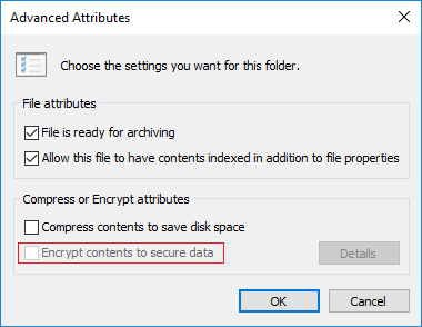 Correggi la crittografia dei contenuti per proteggere i dati in grigio in Windows 10