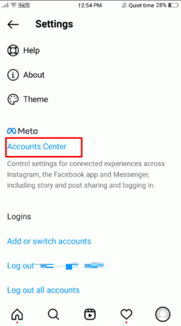 설정 메뉴에서 메타 로고 아래의 계정 센터 옵션을 찾아 누릅니다.