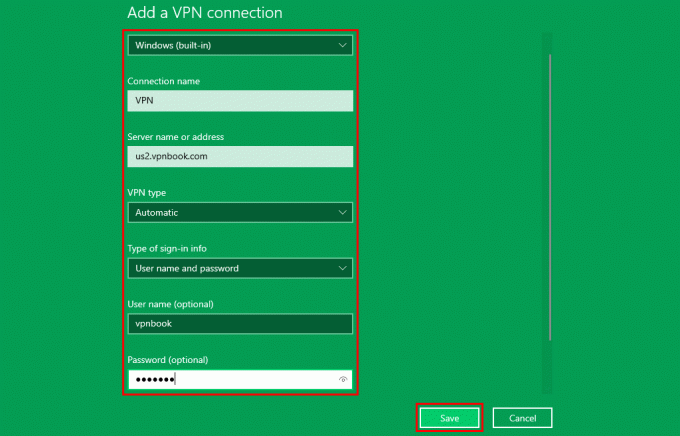 Válassza ki a VPN-szolgáltatót a Windowshoz (beépített), írja be a VPN-nevet, illessze be a másolt VPN-kiszolgáló nevét, felhasználónevét és jelszavát, és válassza ki a VPN-típust az Automatikus értékre, majd kattintson a Mentés gombra.