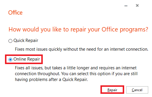 Wählen Sie Online-Reparatur und klicken Sie dann auf Reparieren