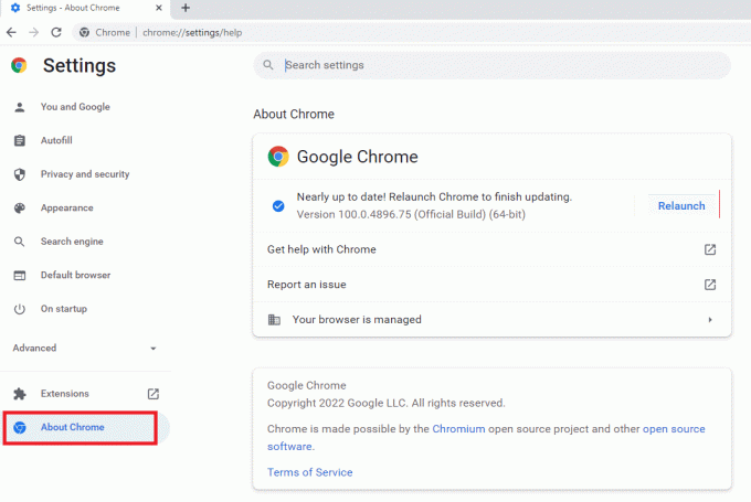 დააწკაპუნეთ ჩანართზე Chrome-ის შესახებ გაფართოებული განყოფილების ქვეშ
