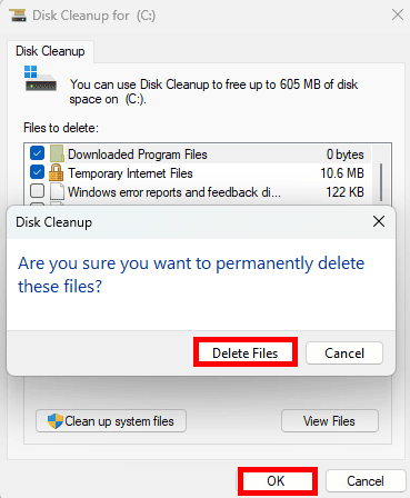 Позначте типи файлів, які потрібно видалити, потім натисніть «ОК» і підтвердьте, натиснувши «Видалити файли».