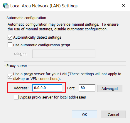 Valintamerkki Käytä välityspalvelinta LAN-vaihtoehdoksi ja kirjoita mikä tahansa väärennetty IP-osoite