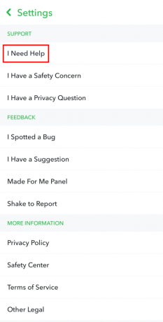Прокрутіть униз до пункту «Підтримка» та натисніть «Мені потрібна допомога». | скасувати запит даних Snapchat