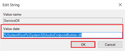 nustatykite vertės duomenis į audioendpointbuilder.dll Servicedll registro rengyklėje