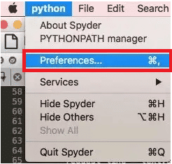 dari menu tarik-turun python, klik Preferensi... pilihan