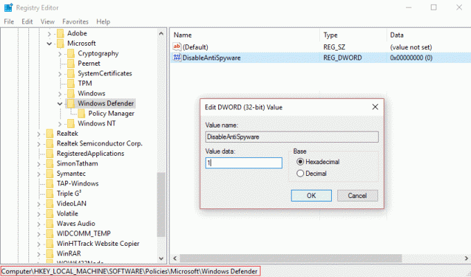 promijenite vrijednost disableantispyware na 1 kako biste onemogućili Windows Defender