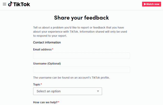 Посетете страницата с формуляра за обратна връзка. Защо не мога да изпратя съобщение в TikTok?