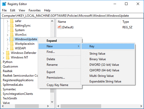 Dešiniuoju pelės mygtuku spustelėkite WindowsUpdate, tada pasirinkite New Key