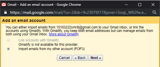 Välj " Importera e-postmeddelanden från mitt andra konto (POP3)" och klicka på Nästa