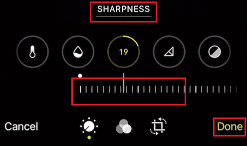 シャープネス アイコンをタップし、指定されたスライダーを調整します - [完了] をタップします | iPhoneで画像のぼかしを解除する方法